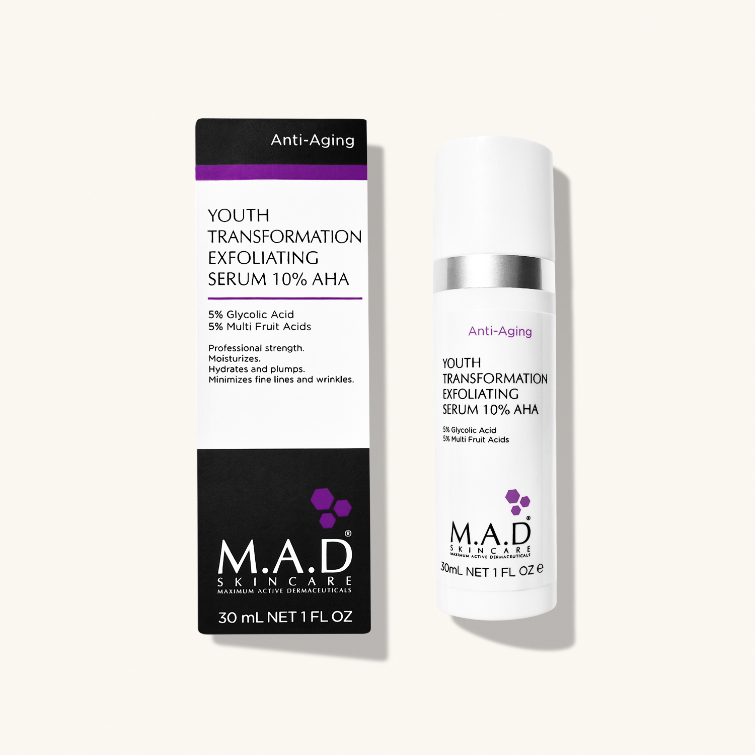 M.A.D SKINCARE Youth Transformation Exfoliating Serum 10% AHA — Омолаживающая и обновляющая сыворотка с 10% AHA - кислотами