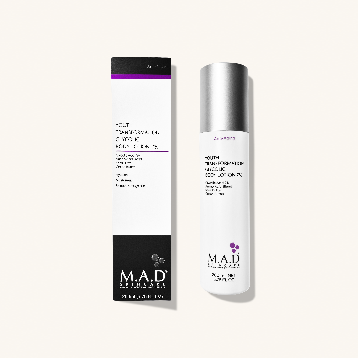 M.A.D SKINCARE Youth Transformation Glycolic Body Lotion 7% — Омолаживающий лосьон для тела с 7% гликолевой кислотой