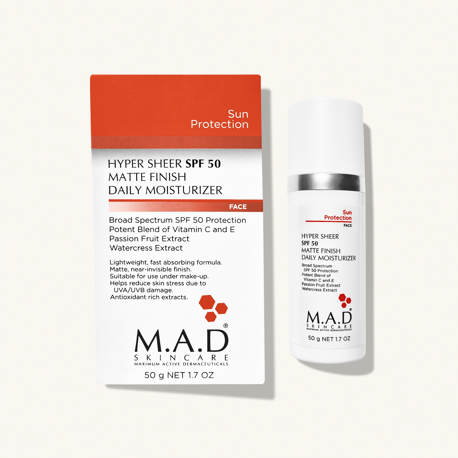 M.A.D SKINCARE Hyper Sheer SPF 50 Matte Finish Daily Moisturizer — Увлажняющий и матирующий крем - основа под макияж с защитой SPF 50