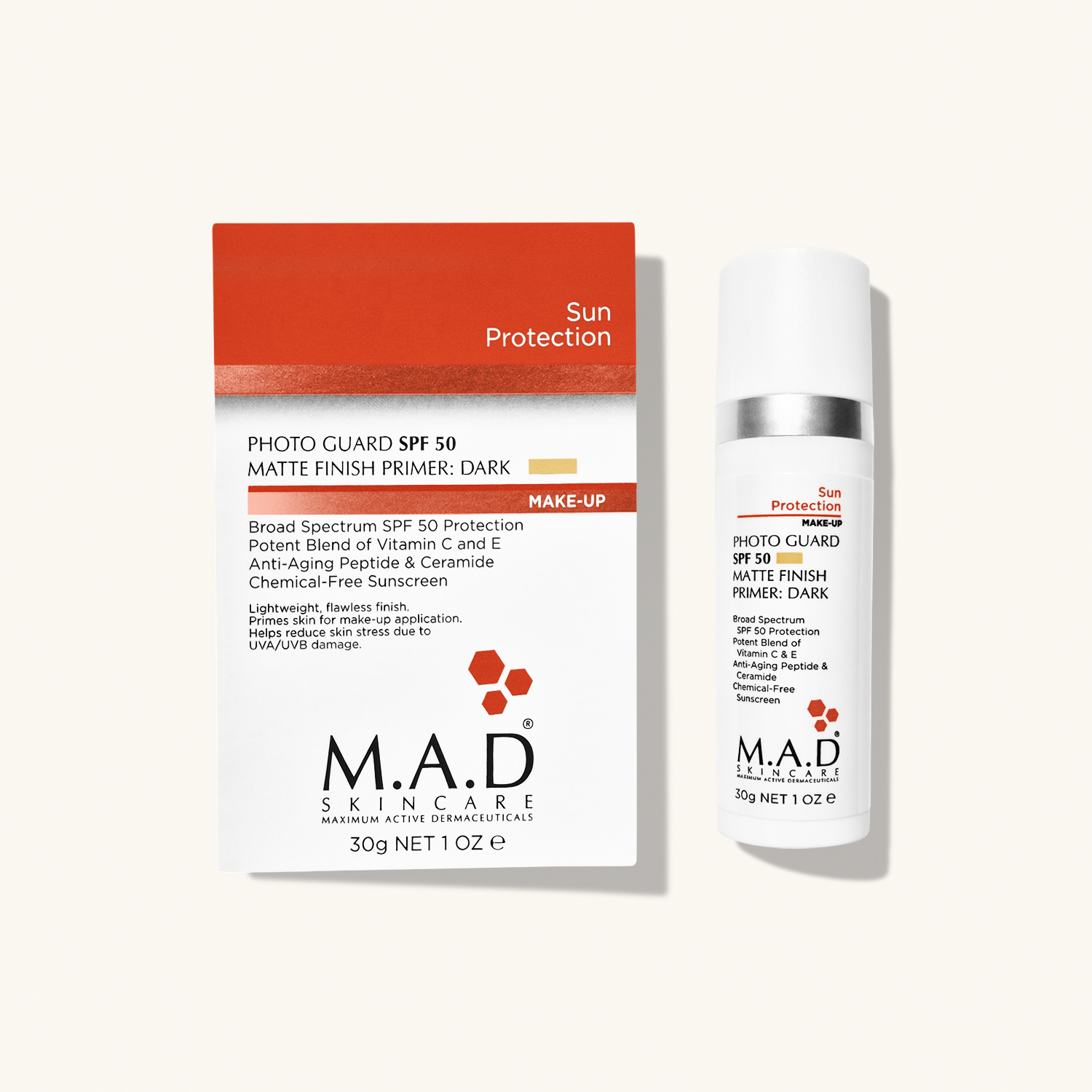 M.A.D SKINCARE Photo Guard SPF 50 Matte Finish Primer - Dark — Матирующий крем - праймер с защитой SPF 50 Dark