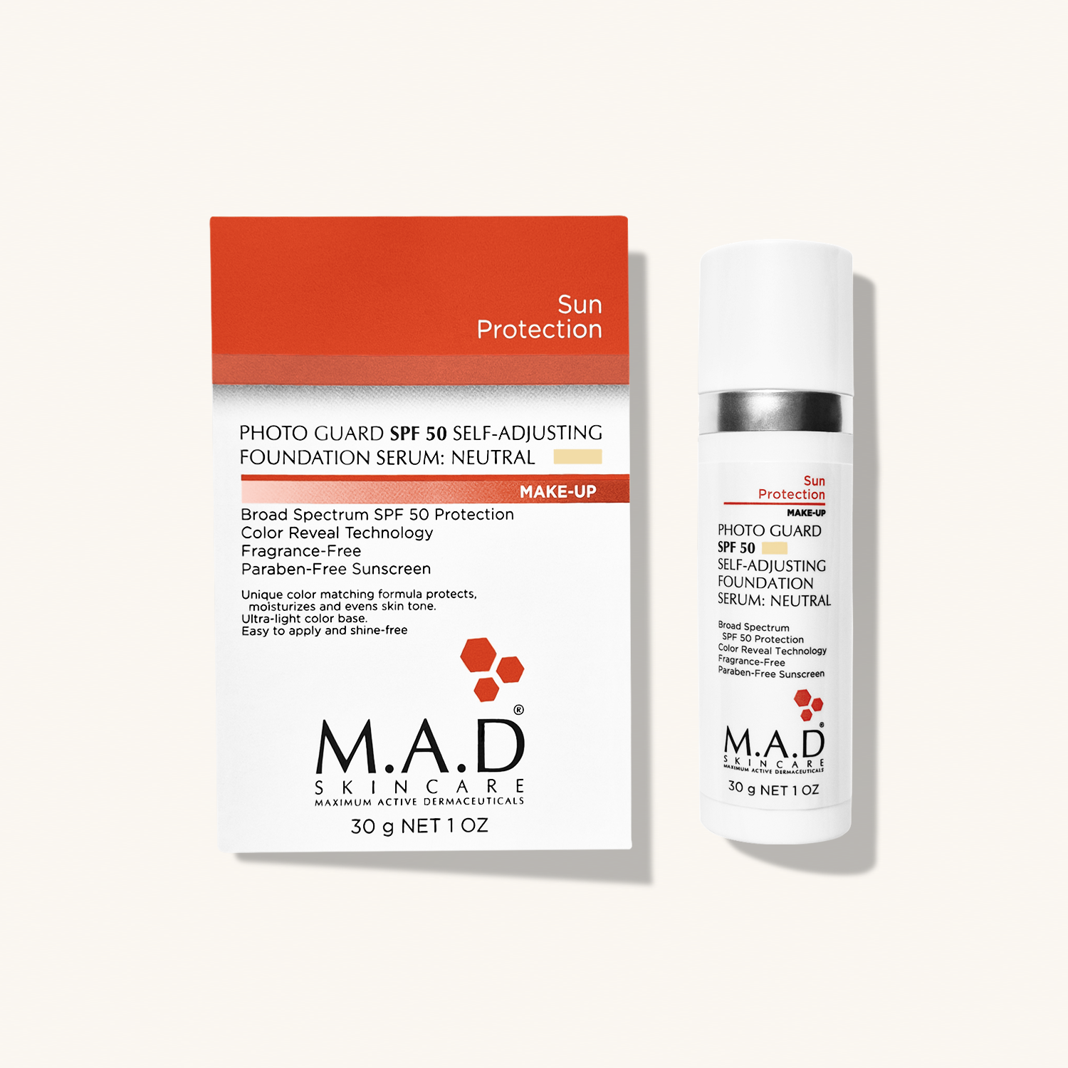 M.A.D SKINCARE Photo Guard SPF 50 Self Adjusting Foundation Serum Neutral — Подстраивающаяся сыворотка - основа под макияж с защитой SPF50 Neutral / Light